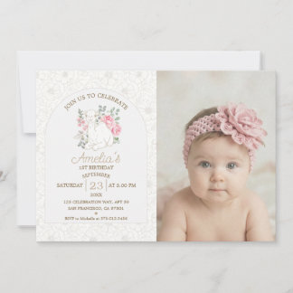 Watercolor Camel Floral First Birthday Photo Invitation
