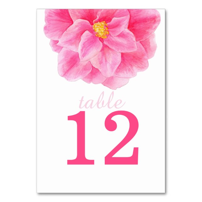 Watercolor camellia pink wedding table numbers (Front)