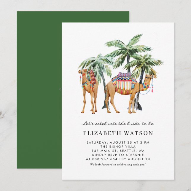 Watercolor Camels Palm Trees Desert Bridal Shower Invitation (Front/Back)