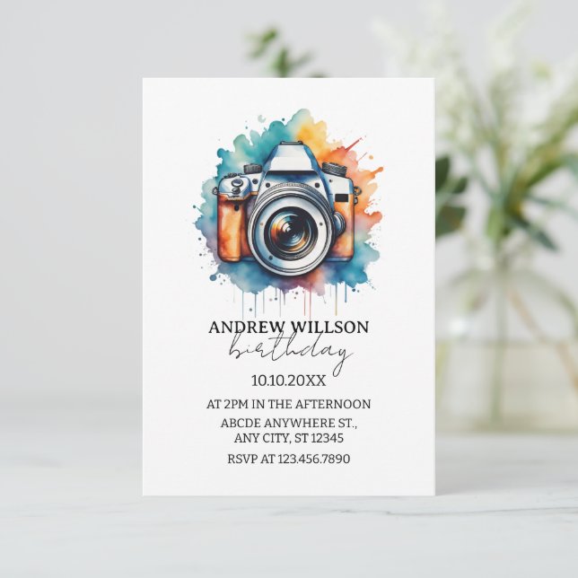 watercolor camera photographer BIRTHDAY Invitation (Standing Front)