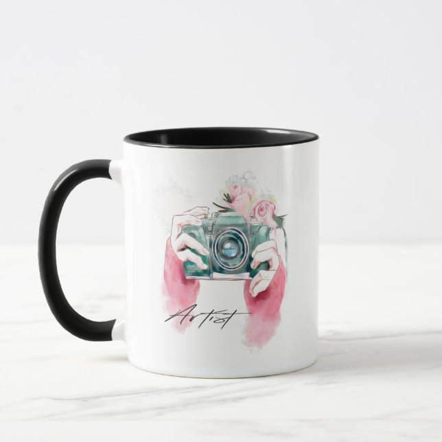 Watercolor Camera With Pink Flowers mug (Left)