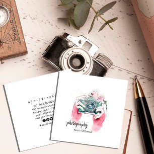 Watercolor Camera With Pink Square Business Card