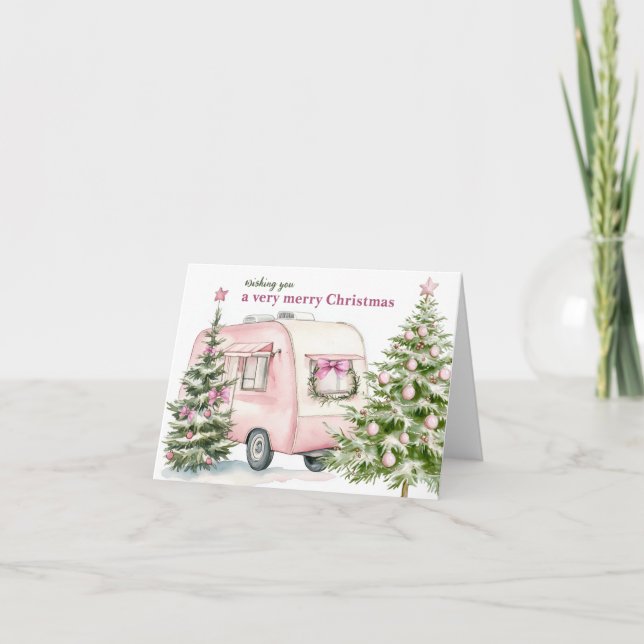 Watercolor Camper Trailer RV Pink Christmas Trees Holiday Card (Front)