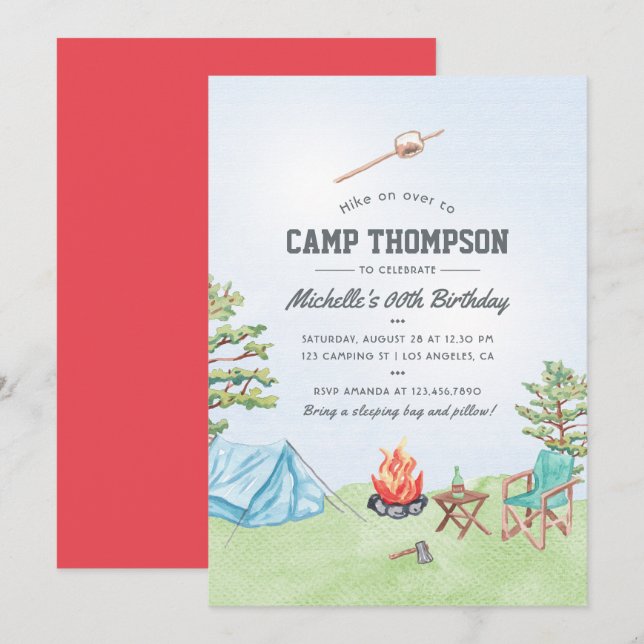Watercolor Camping Birthday Party Invitation (Front/Back)