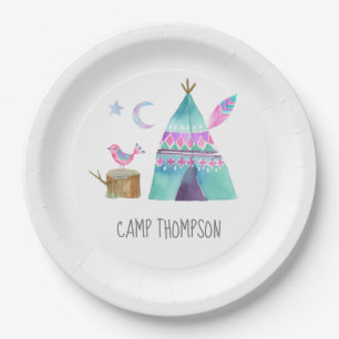 Watercolor Camping Birthday Party Paper Plate