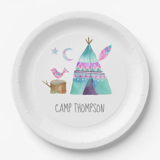 Watercolor Camping Birthday Party Paper Plate (Front)