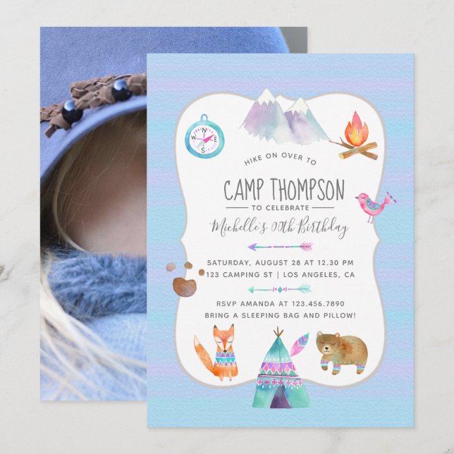 Watercolor Camping Birthday Party Photo Invitation (Front/Back)