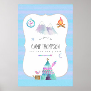 Watercolor Camping Birthday Party Welcome Poster