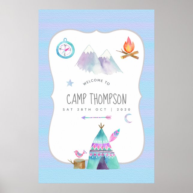 Watercolor Camping Birthday Party Welcome Poster (Front)