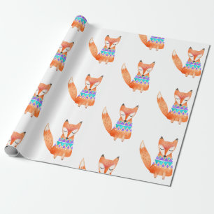 Watercolor Camping Fox Birthday Party Wrapping Paper