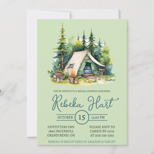 Watercolor Camping, Tent, Outdoors, Bridal Shower  Invitation (Front)