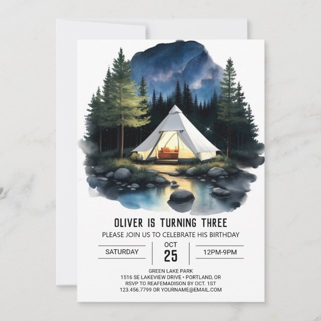 Watercolor Campout Birthday Invitation (Front)