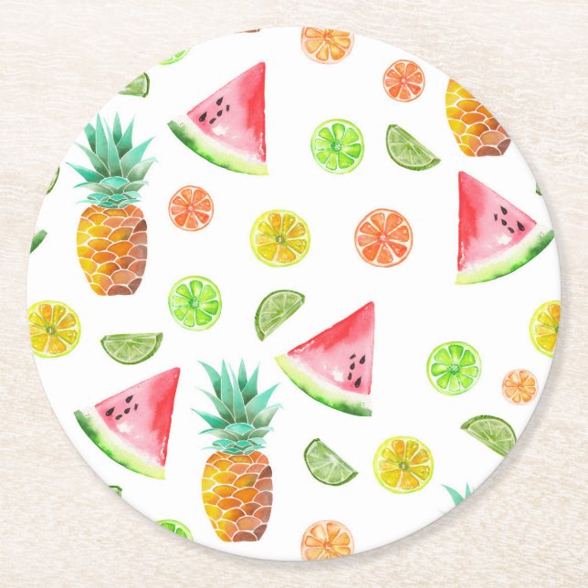 Watercolor Candied Fruit Pattern Round Paper Coaster (Front)