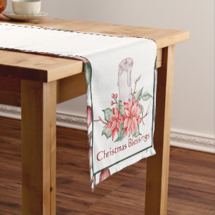 Watercolor candle and poinsettia custom Christmas  Short Table Runner