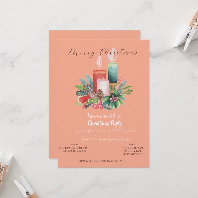 Watercolor Candlelight Christmas invitation Card (Front/Back In Situ)