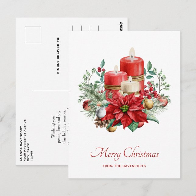 Watercolor Candles and Poinsettia Christmas Postcard (Front/Back)