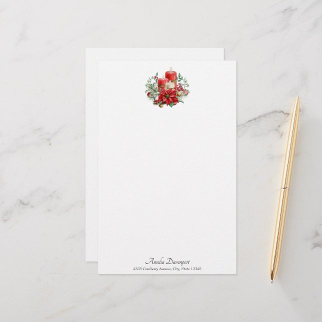 Watercolor Candles and Poinsettia Christmas Stationery (Front/Back In Situ)