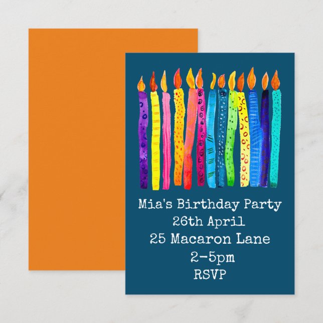 Watercolor candles girl's birthday invitation (Front/Back)