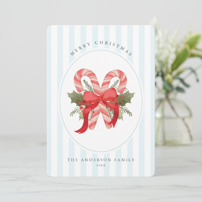 Watercolor Candy cane and bow Merry Christmas Holiday Card (Standing Front)