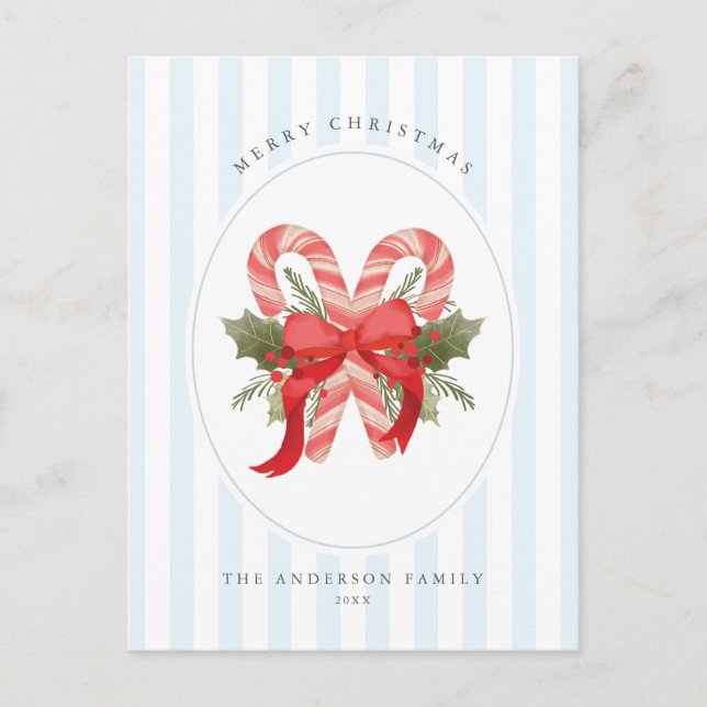 Watercolor Candy cane and bow Merry Christmas Holiday Postcard (Front)