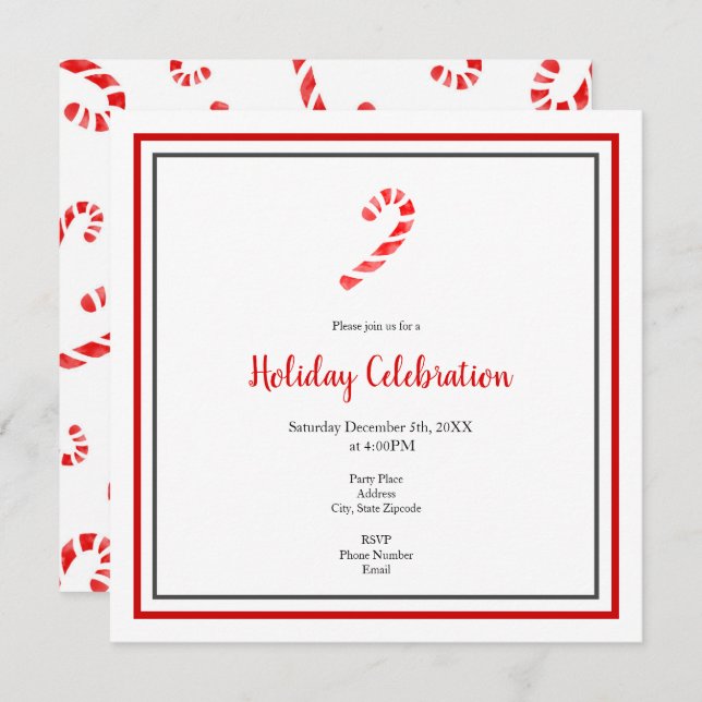 Watercolor Candy Cane and Pattern Invitation (Front/Back)