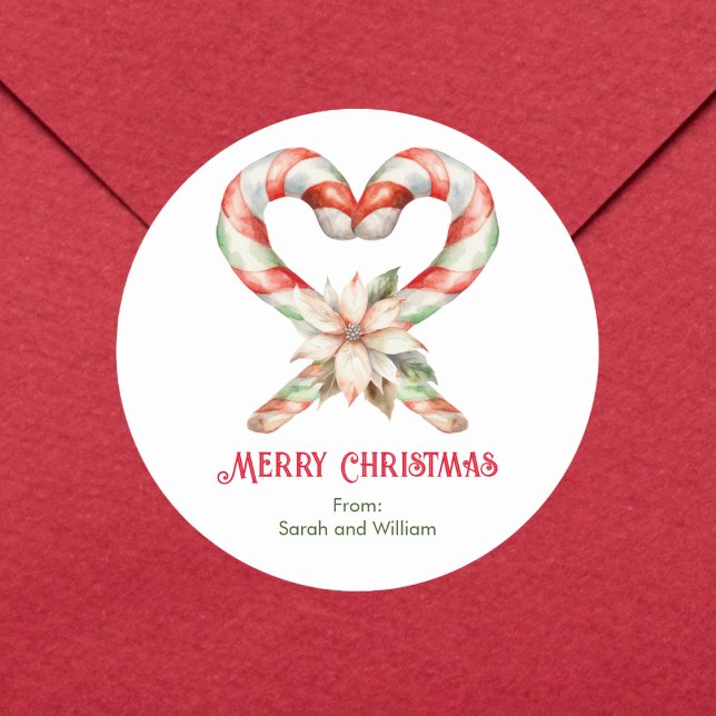 Watercolor Candy Cane Heart Classic Round Sticker (Creator Uploaded)