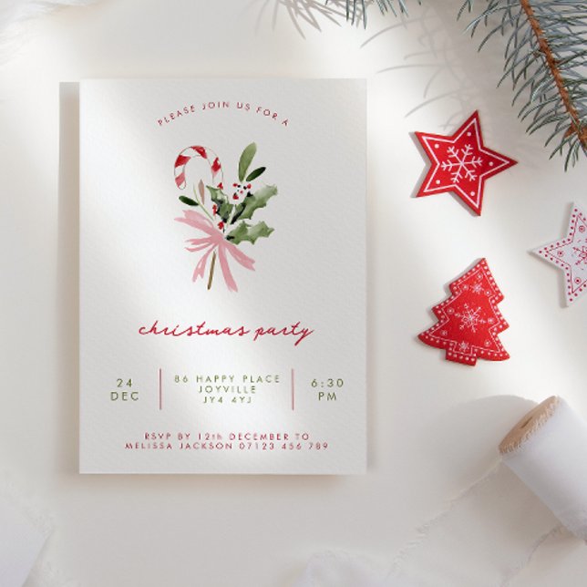 Watercolor Candy Cane Holly & Bow Christmas Party Invitation (Creator Uploaded)