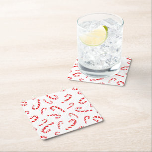 Watercolor Candy Cane Pattern Square Paper Coaster
