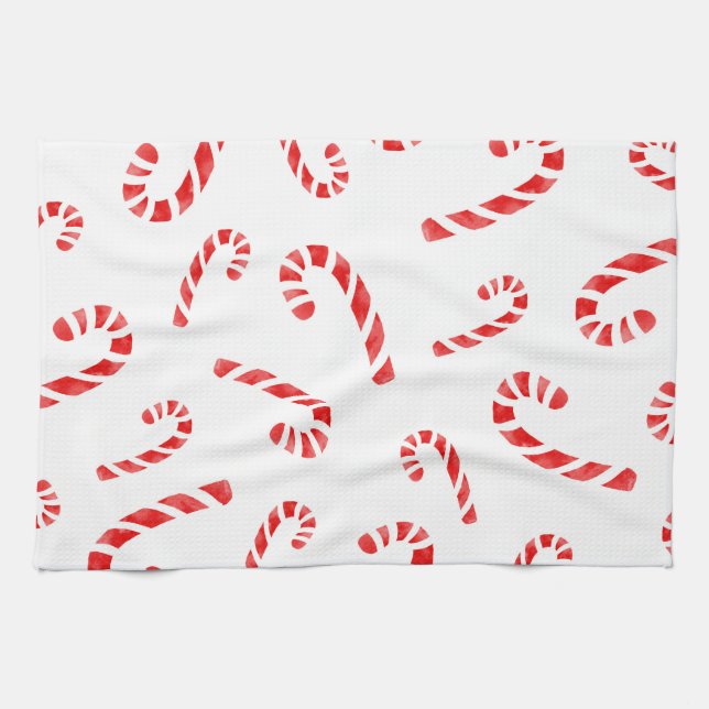 Watercolor Candy Cane Pattern Tea Towel (Horizontal)