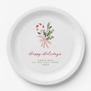 Watercolor Candy Cane Personalized Holiday Party Paper Plate