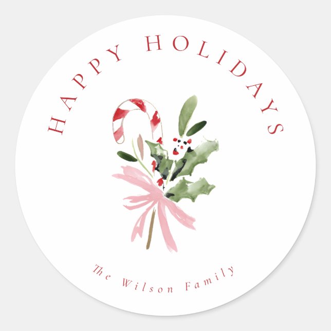 Watercolor Candy Cane & Pink Bow Holiday Classic Round Sticker (Front)