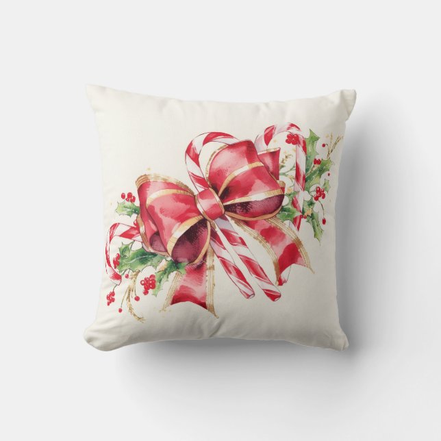 Watercolor Candy Cane Red Bow Holly Cushion (Front)