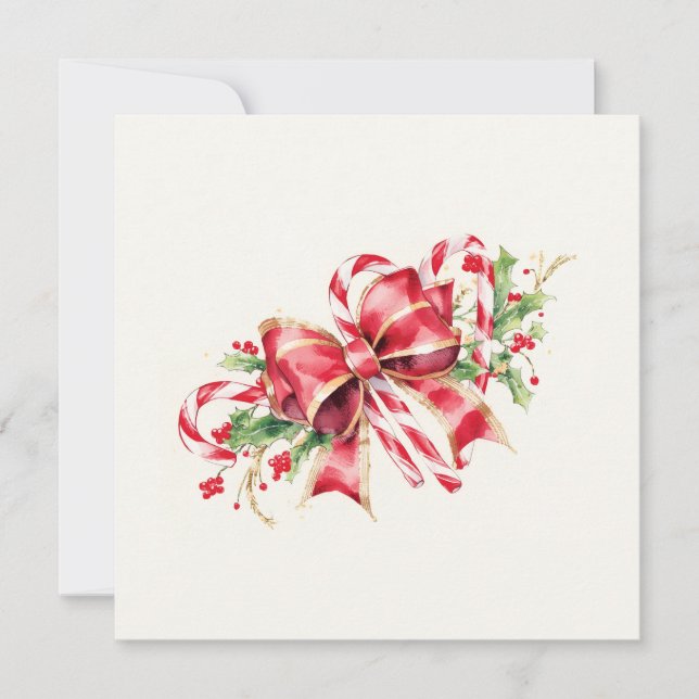 Watercolor Candy Cane Red Bow Holly Holiday Card (Front)