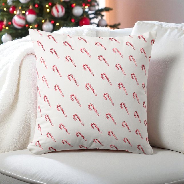 Watercolor Candy Cane White Modern Red Festive Cushion (Watercolor Candy Cane White Modern Red Festive Throw Pillow)