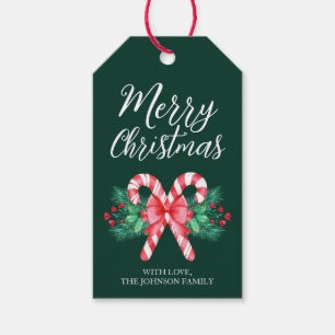 Watercolor Candy Canes and Red Bow Christmas Gift Tags