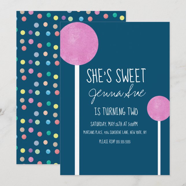 Watercolor Candy Lollipop Birthday Party Pink  Invitation (Front/Back)