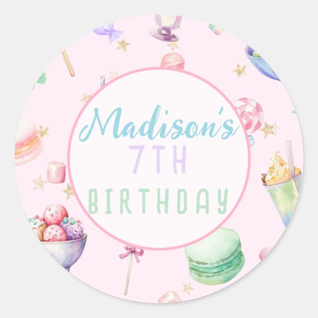 Watercolor Candy Wonderland Pastel Birthday Party Classic Round Sticker (Front)