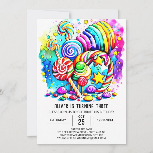 Watercolor Candyland Birthday Invitation (Front)