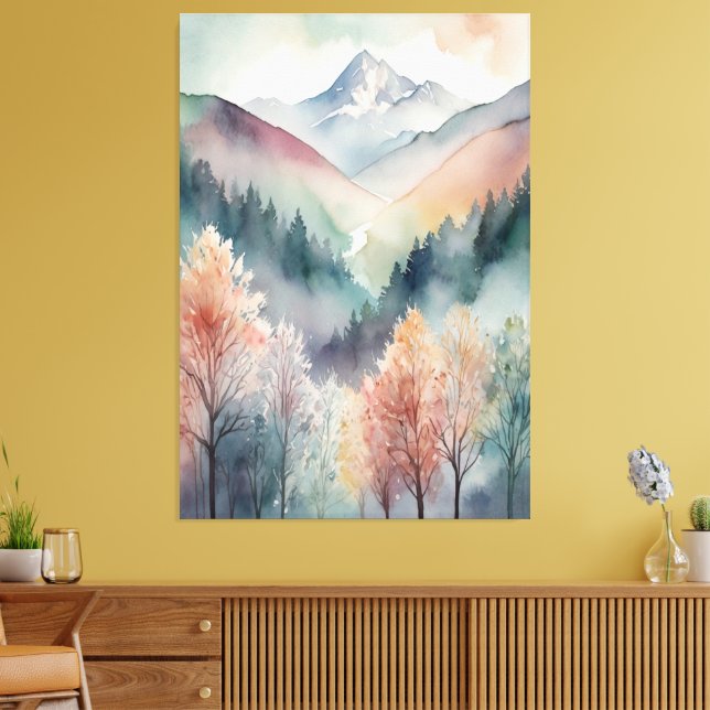 Watercolor Canvas | Abstract Mountains Trees Wall Print (Insitu(LivingRoom))