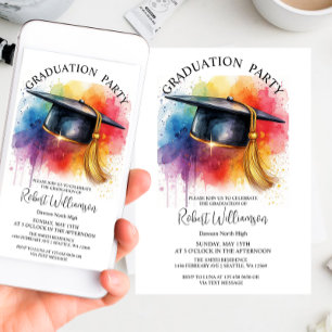 Watercolor cap Graduation Party  Invitation