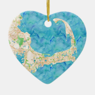 Watercolor Cape Cod Map Ceramic Tree Decoration