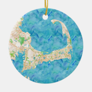 Watercolor Cape Cod Map Ceramic Tree Decoration