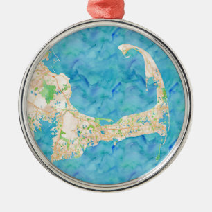 Watercolor Cape Cod Map Metal Tree Decoration