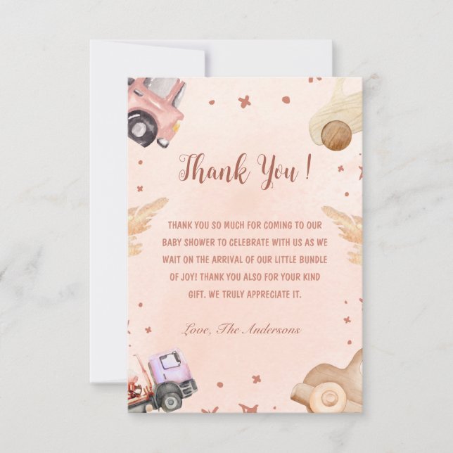 Watercolor Car Baby Shower Thank You Card (Front)