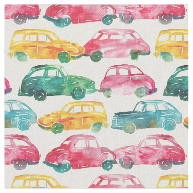 Watercolor Car Parade Fabric (Close Up)
