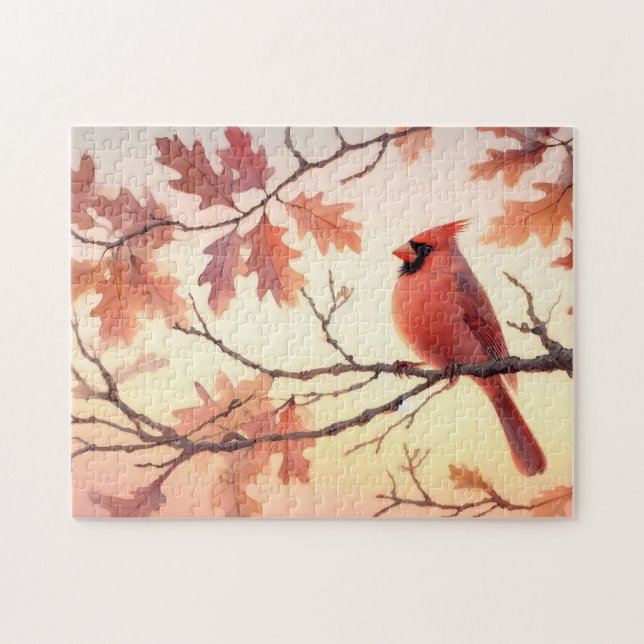 Watercolor Cardinal and Autumn Leaves Jigsaw Puzzle (Horizontal)