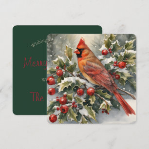 Watercolor Cardinal and Holly Christmas Card