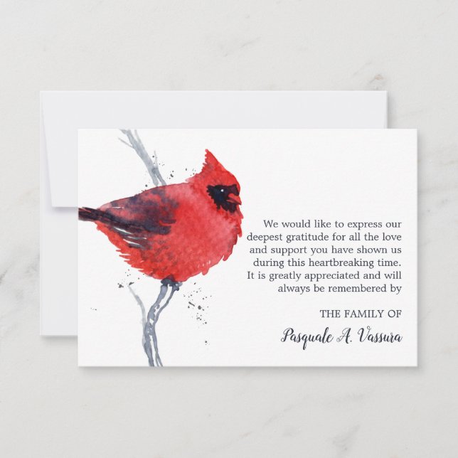 Watercolor Cardinal Bird Funeral Thank You Card (Front)