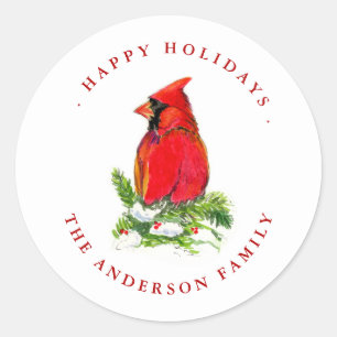 Watercolor Cardinal Bird Holiday Label / Seal