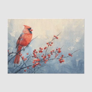 Watercolor Cardinal Bird Red Berries Decoupage Tissue Paper